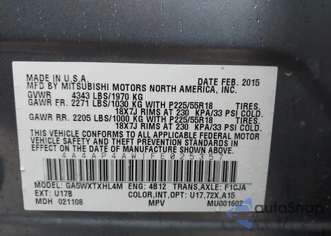 2015 Mitsubishi Outlander Sport Gt из США, поврежденный, VIN 4A4AP4AW1FE025357